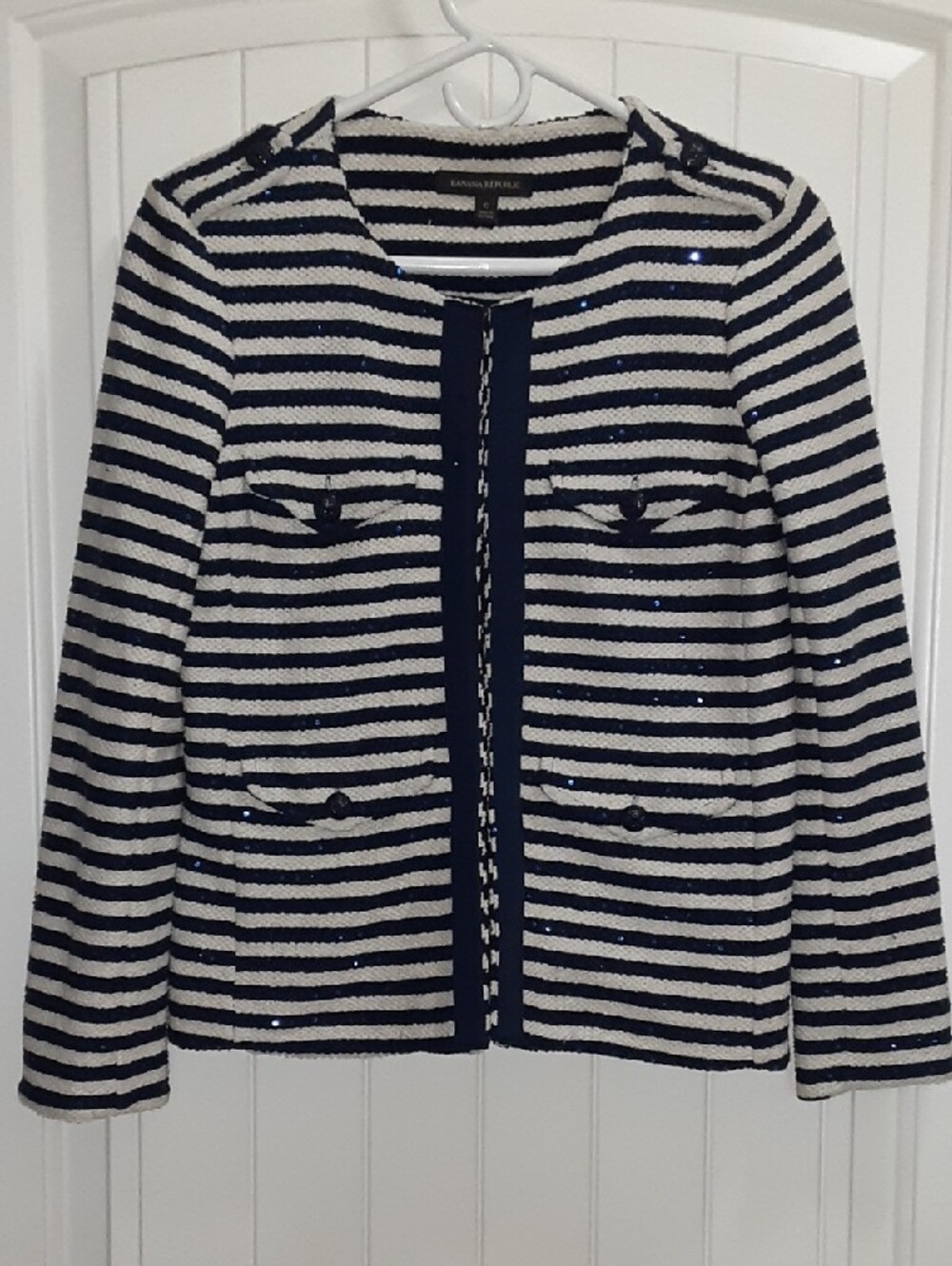 Banana Republic Sequin Striped Trophy Jacket 0 Navy White Military Crest Pockets